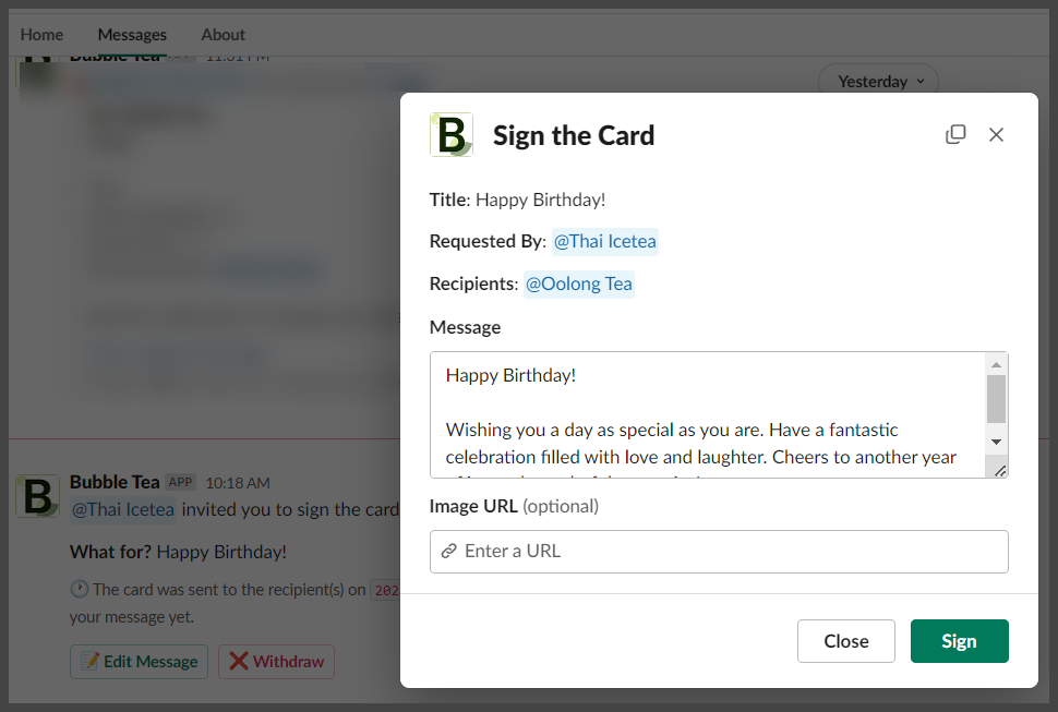 Card signing interface