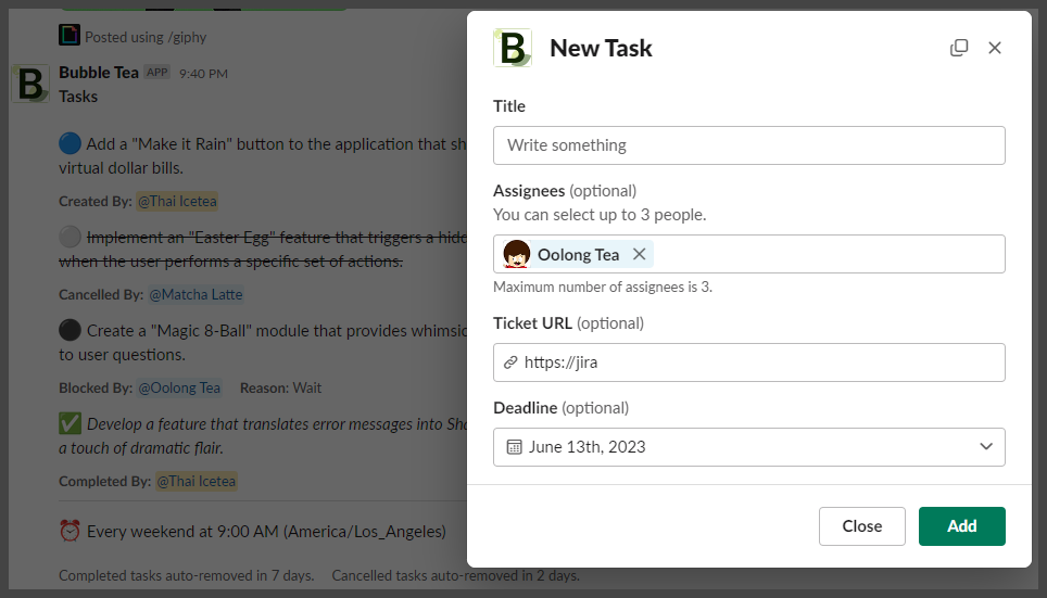 Task creation modal