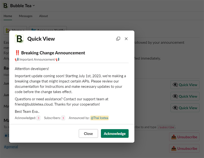 Quick view acknowledgment